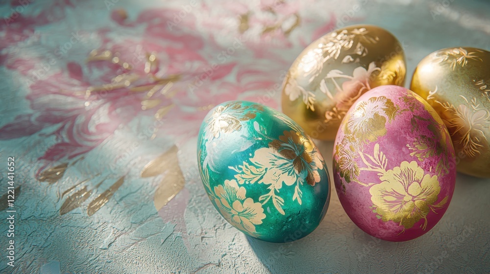 Fototapeta premium Three eggs with flowers on them are sitting on a table