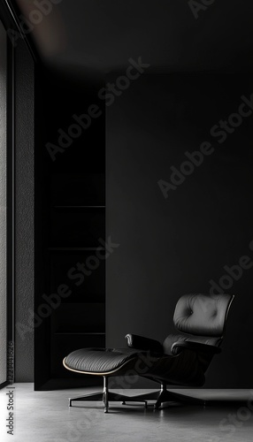 Modern Minimalist Interior Featuring a Black Chair in a Dark Room With Soft Light Highlighting Curved Architecture in a Contemporary Setting