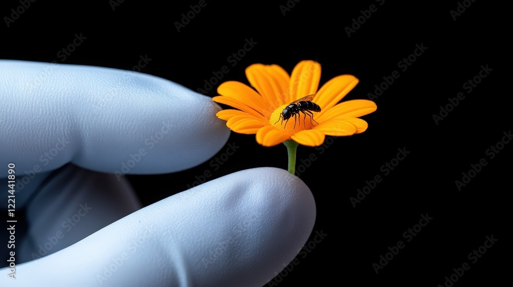 Gentle Research: A gloved hand delicately holds a vibrant orange flower with a small insect resting on its petals against a stark black background. Gentle Research: A gloved hand delicately holds a vibrant orange flower with a small insect resting on its petals against a stark black background.