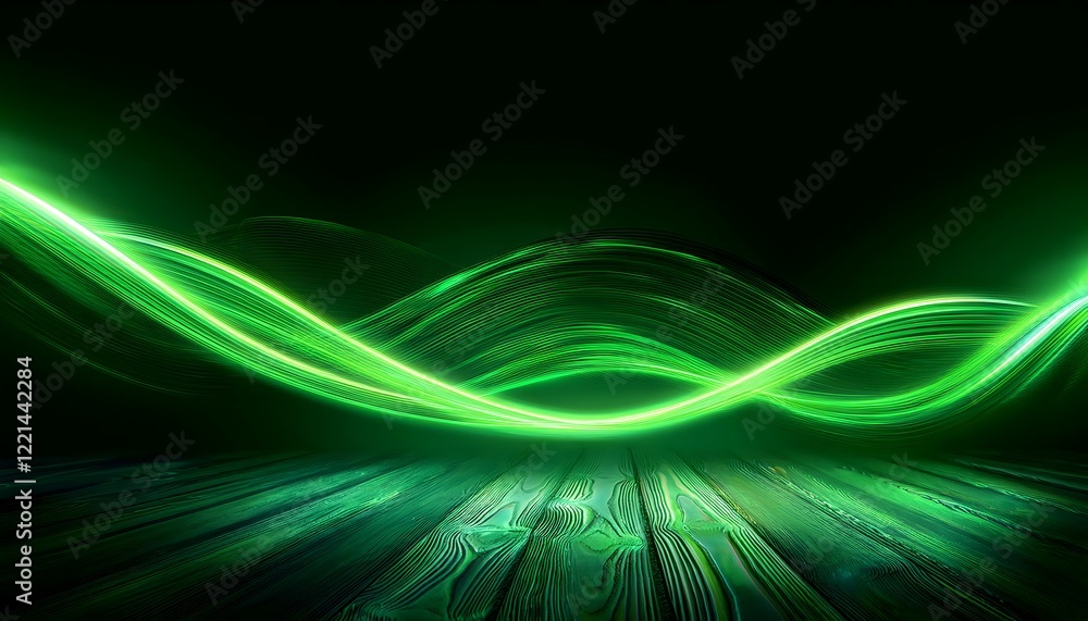 Naklejka premium Neon Wave abstract background, Isolated on a dark background, Green Neon wave with glow, Technology, network, internet concept, Empty Table