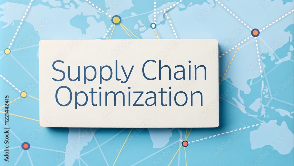 Naklejka premium Supply Chain Optimization Strategy Map for Logistics - A visual representation of supply chain optimization strategies with a global map highlighting logistical connections and efficiency.