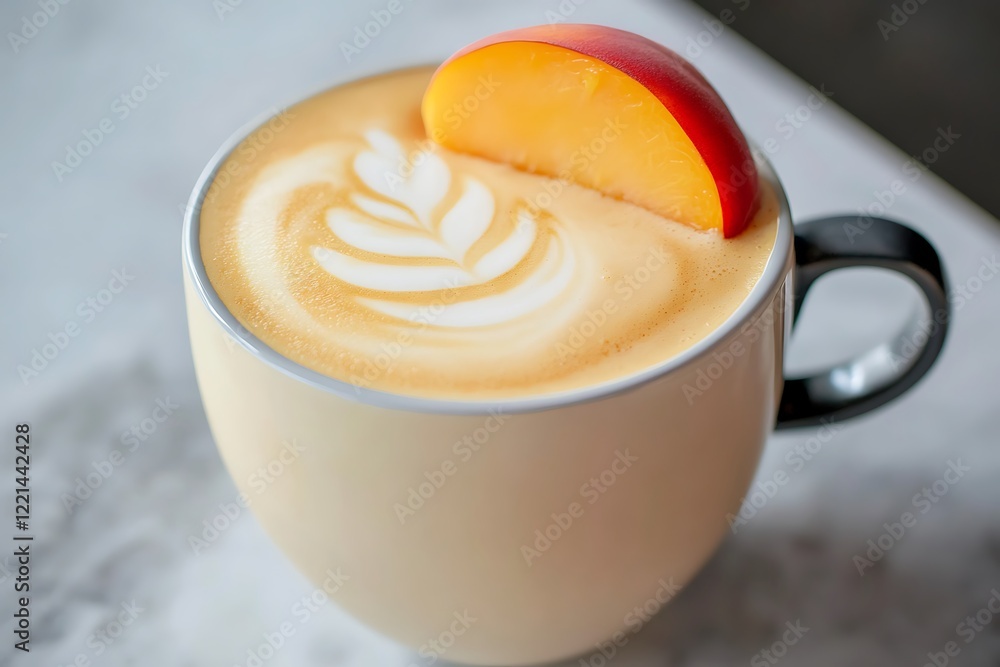 A soft pastel peach latte with smooth foam and a slice of fresh peach floating on top. A soft pastel peach latte with smooth foam and a slice of fresh peach floating on top.