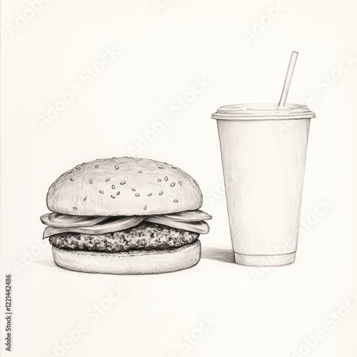 Simple illustration of burger and drink, studio shot, food illustration, possible use in kids' menu photo