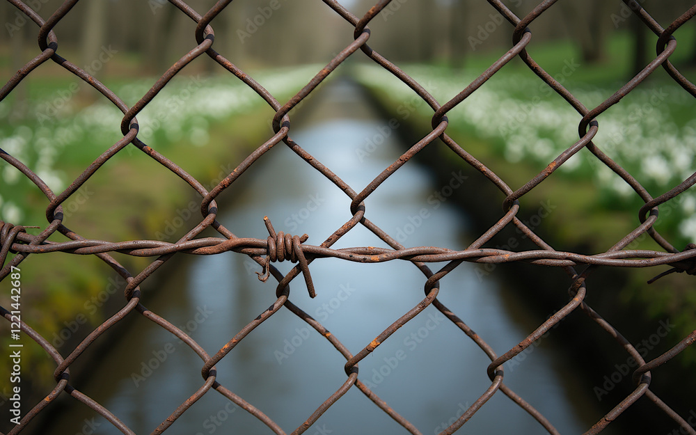 Naklejka premium Close-up of a rusty chain-link fence with barbed wire against the backdrop of a stream between the banks with primroses