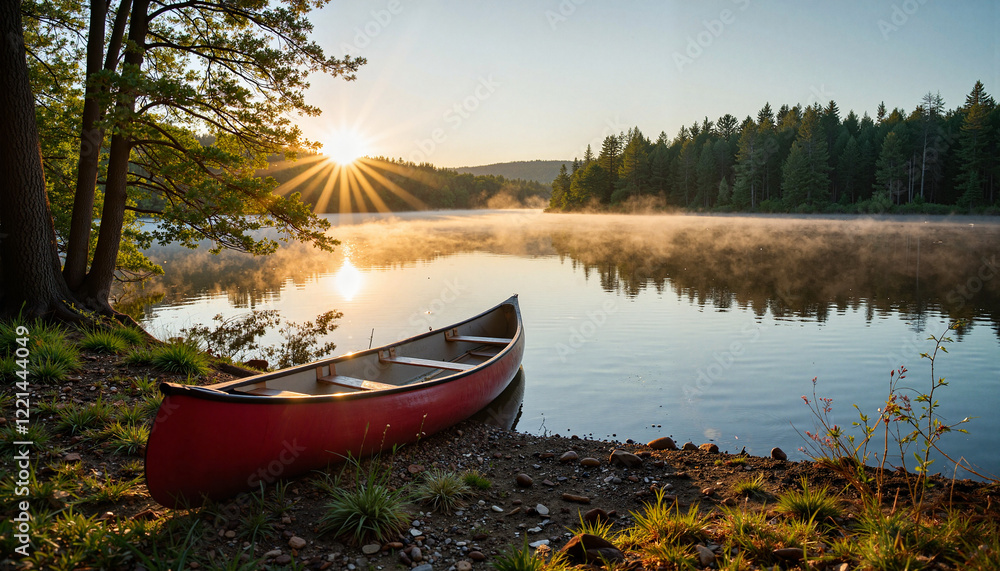 Fototapeta premium Serene canoe resting on riverbank at dawn, nature's tranquility