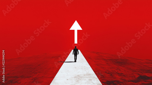 A large white arrow points upwards, set against a red background, creating a bold and clear visual contrast + Man walking against the arrow.