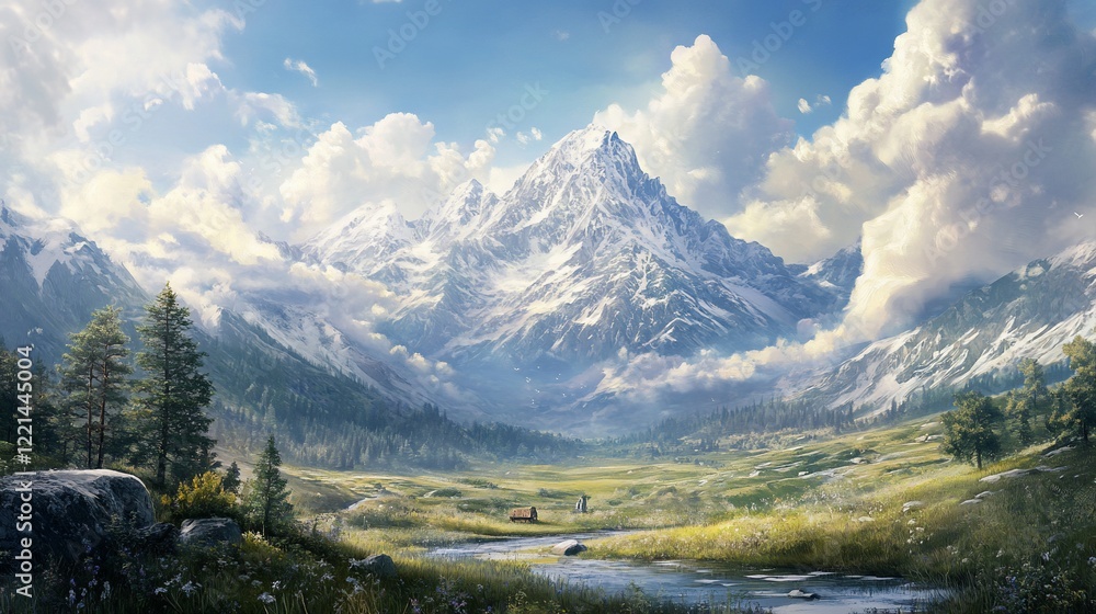 Fototapeta premium Majestic snow-capped mountain peak overlooking a serene valley with a flowing river and lush green meadows under a vibrant sky.