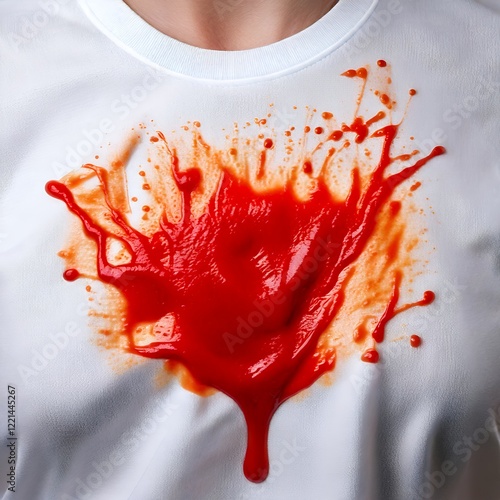 Big tomato ketchup splash on white t-shirt. Dirty red sauce stain on tee for cleaning concept in daily life. Lay flat, top view. Stain removal. Damaged by junk food concept. photo