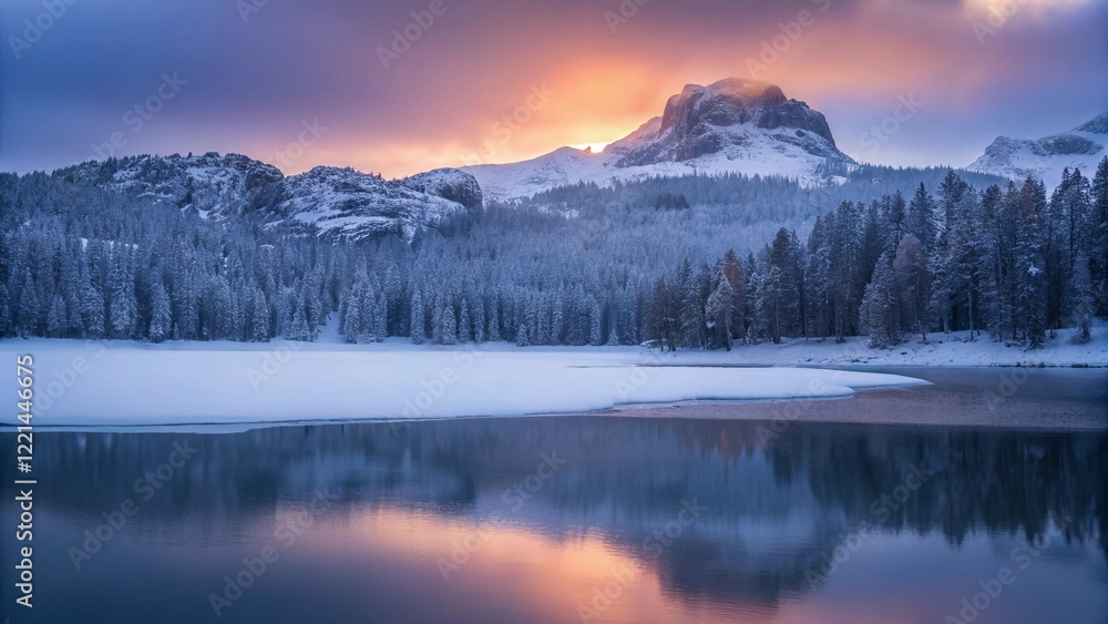 Fototapeta premium beautiful landscape photograph of a snowy mountain range at sunrise or sunset.