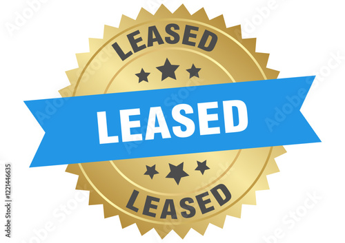 leased. leased round blue and gold label isolated on transparent background