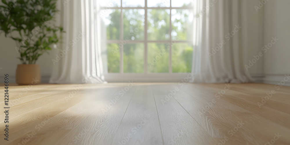 Fototapeta premium Sunlit hardwood floor in a bright room with sheer curtains and a window overlooking a lush green garden. Perfect for product placement or showcasing interior design.