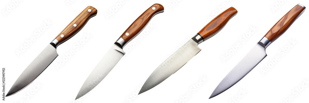A Set of Sleek Kitchen Knives Featuring Wooden Handles Isolated on Transparent Background A Set of Sleek Kitchen Knives Featuring Wooden Handles Isolated on Transparent Background