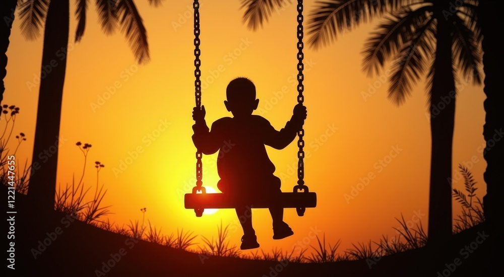 Arafed silhouette of a child on a swing at sunset Arafed silhouette of a child on a swing at sunset
