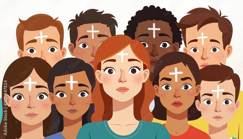 Diverse group of people with ash crosses on their foreheads, Ash Wednesday concept
Diverse group of people with ash crosses on their foreheads, Ash Wednesday concept