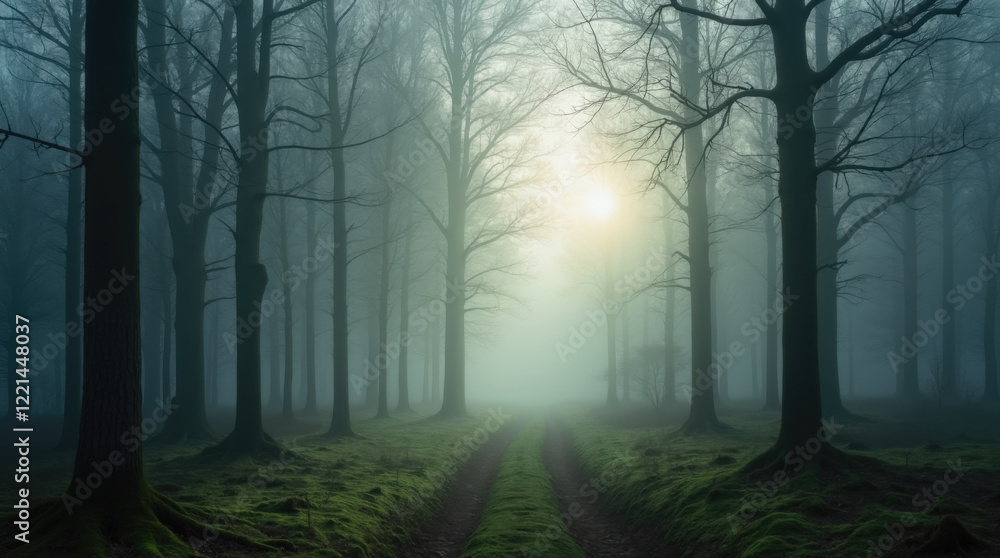 Obraz premium A serene forest path stretches ahead, surrounded by tall trees shrouded in mist. Soft sunlight breaks through the fog, creating a calm and tranquil atmosphere