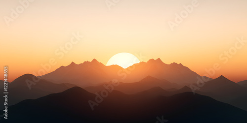 Sunset over majestic mountain range. Golden hour light bathes the peaks in warm hues, creating a breathtaking landscape.