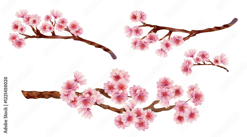 Obraz premium Pink cherry blossom branches for Japanese Hanami cherry blossom festival isolated on white background. Watercolor botanical template in lilac-pink color, in the sunrise palette. Watercolor template