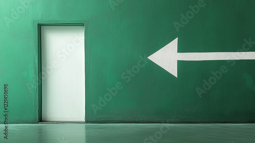 A large white arrow points to the left where there is a door, set against a green wall, creating a bold and clear visual contrast.