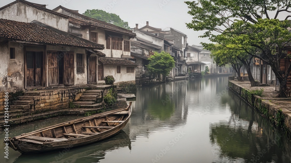Misty canal, ancient Chinese village, boat, morning fog, tourism Misty canal, ancient Chinese village, boat, morning fog, tourism
