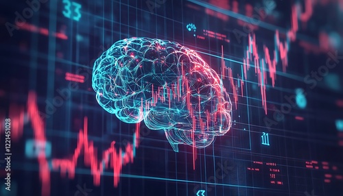 A conceptual design featuring an AI brain intertwined with currency symbols and stock graphs, representing the intelligence behind algorithmic trading and investment strategies.