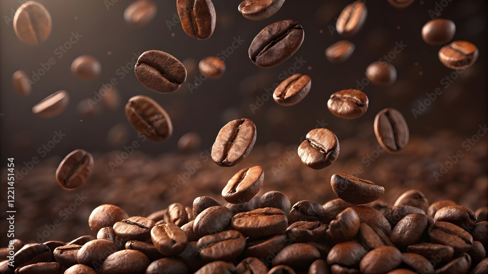 Close-up view of coffee beans in mid-air, suspended in motion. Many coffee beans are clustered together in the foreground and background, creating a dense layer. Several beans are in various stages Close-up view of coffee beans in mid-air, suspended in motion. Many coffee beans are clustered together in the foreground and background, creating a dense layer. Several beans are in various stages