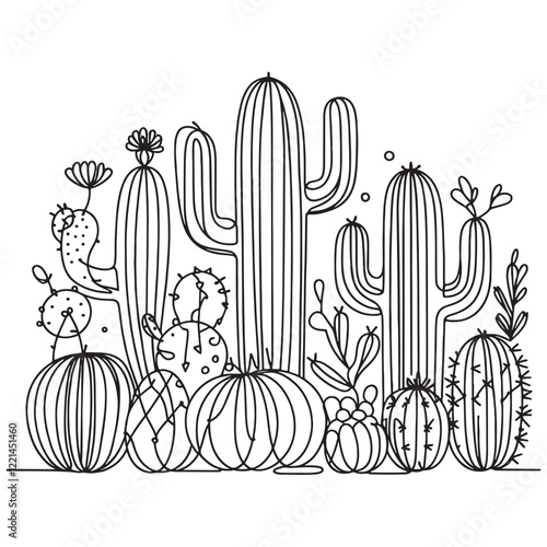 Cactus continuous single line art outline Vector illustration drawing for home and interior botanical plant concept on a white background