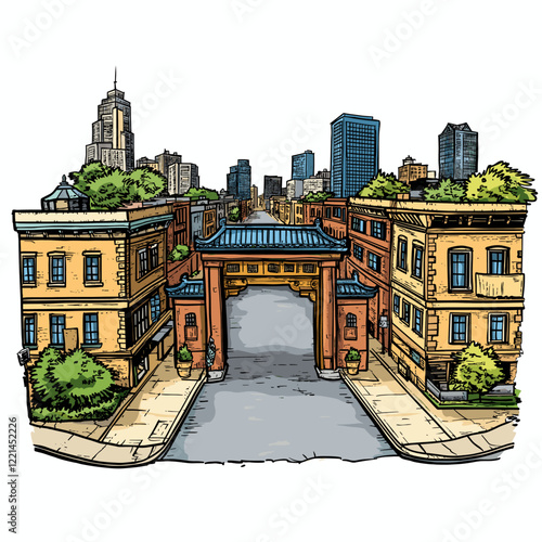 Vector comic hand-drawn illustration of Chinatown gate. Chinatown gate in New York