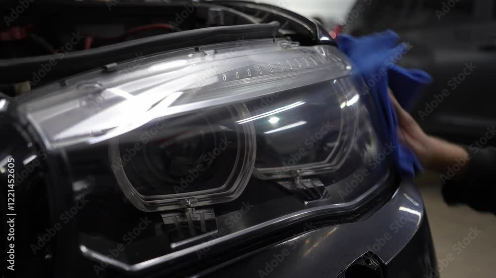 Hands with orbital polisher, polishing black car in detailing center to restore cloudy headlight 4k video. Hard wax car headlight polishing with orbital polisher for remove scratches. Hands with orbital polisher, polishing black car in detailing center to restore cloudy headlight 4k video. Hard wax car headlight polishing with orbital polisher for remove scratches.