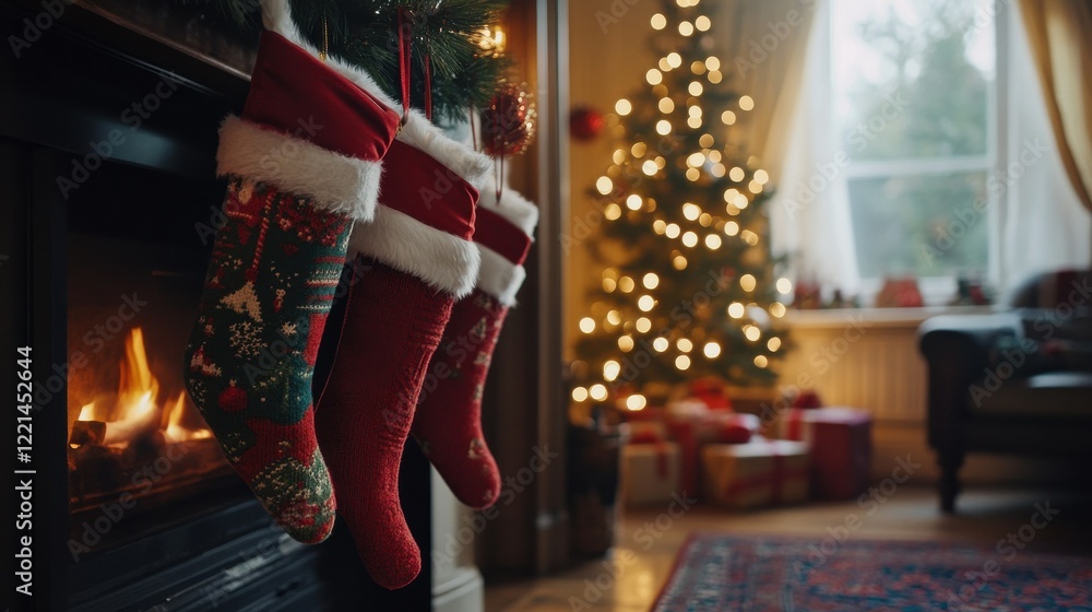 Cozy christmas scene with stockings by the fireplace and a decorated tree Cozy christmas scene with stockings by the fireplace and a decorated tree