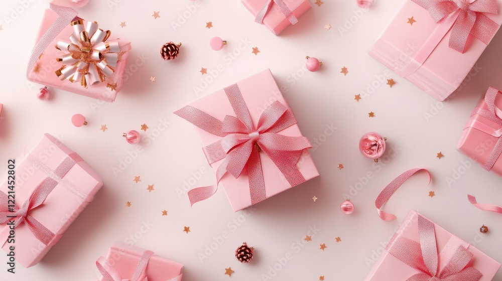 Pink gift boxes with decorative ribbons and ornaments on light background Pink gift boxes with decorative ribbons and ornaments on light background
