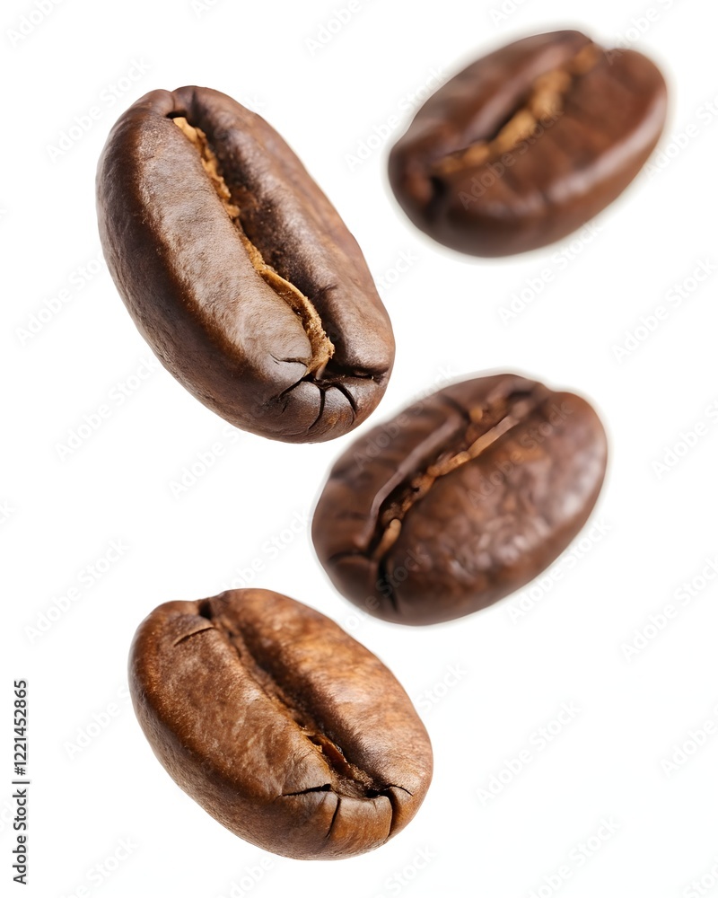 Obraz premium High-key, close-up view of several coffee beans in mid-air, suspended against pure white background. Beans exhibit rich, deep brown tones, with visible, distinct grooves and variations in shade. 