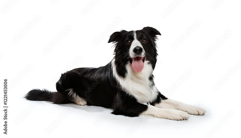 A playful Border Collie panting and lying down, isolated on a white background. The dog's expressive face captures its energetic and friendly nature, perfect for pet designs A playful Border Collie panting and lying down, isolated on a white background. The dog's expressive face captures its energetic and friendly nature, perfect for pet designs
