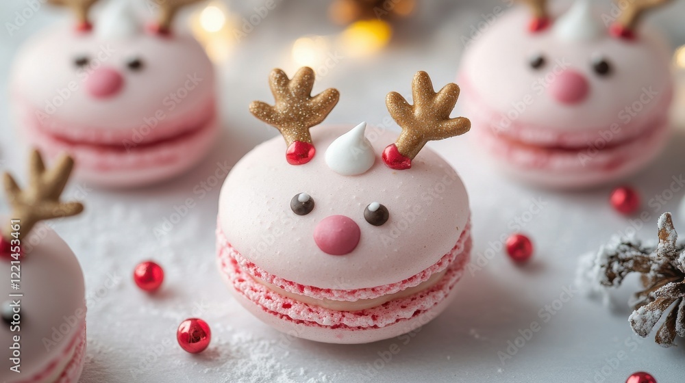Festive reindeer macarons with cute christmas decorations on white background Festive reindeer macarons with cute christmas decorations on white background