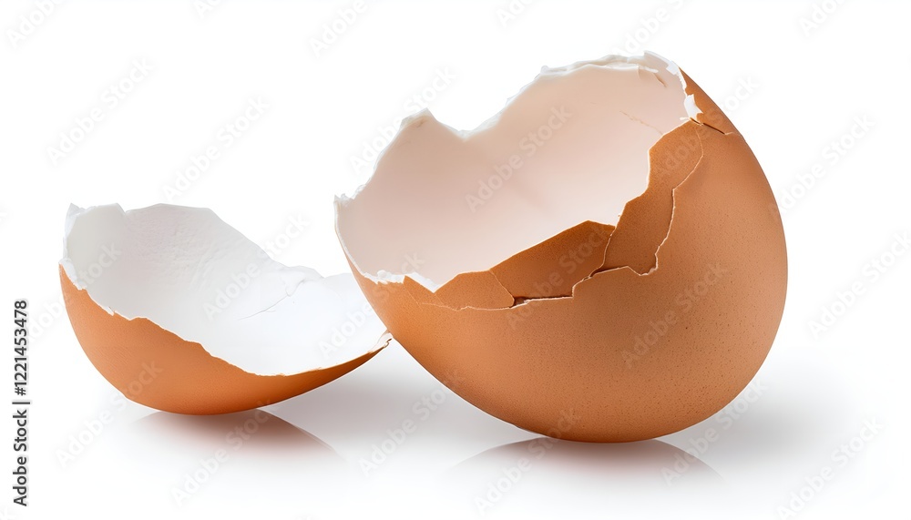 A cracked eggshell with its jagged edges and delicate texture, isolated on a white background. Ideal for culinary, natural, or creative design themes. A cracked eggshell with its jagged edges and delicate texture, isolated on a white background. Ideal for culinary, natural, or creative design themes.