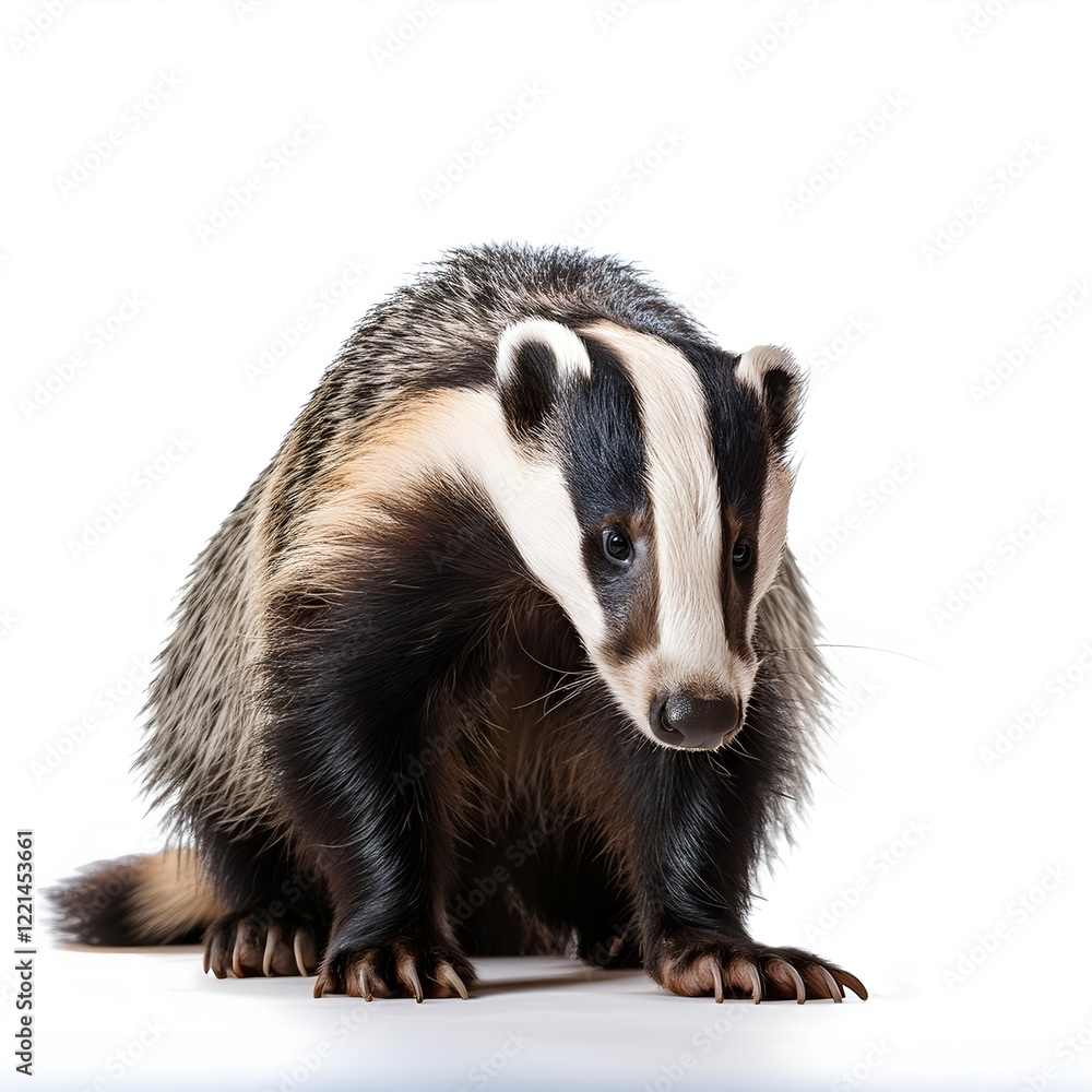 A European badger with its distinct black-and-white facial markings, captured in a standing position, isolated on a white background. Ideal for wildlife and nature themes. A European badger with its distinct black-and-white facial markings, captured in a standing position, isolated on a white background. Ideal for wildlife and nature themes.
