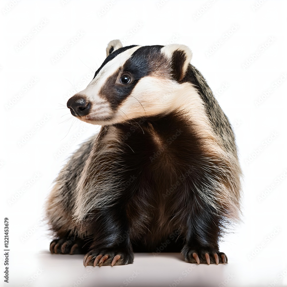 Fototapeta premium A European badger with its distinct black-and-white facial markings, captured in a standing position, isolated on a white background. Ideal for wildlife and nature themes.