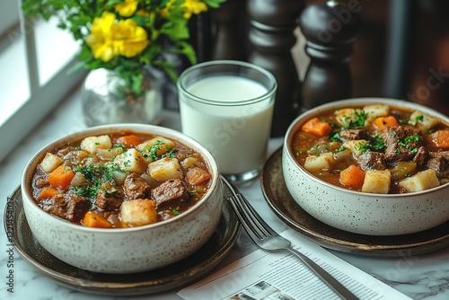 Hearty beef stew in rustic bowls perfect for a cozy meal Served with a side of milk photo