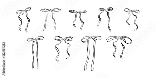 Coquette ribbons and bows in hand drawn style. Vintage elements in simple crayon and sketch style. Trendy art symbols for Valentine day and wedding invitations. Doodle vector illustration