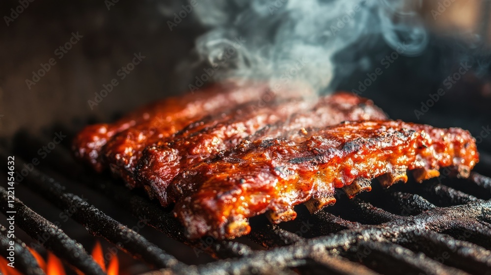 Juicy barbecue ribs smoking on grill with flames and char marks Juicy barbecue ribs smoking on grill with flames and char marks