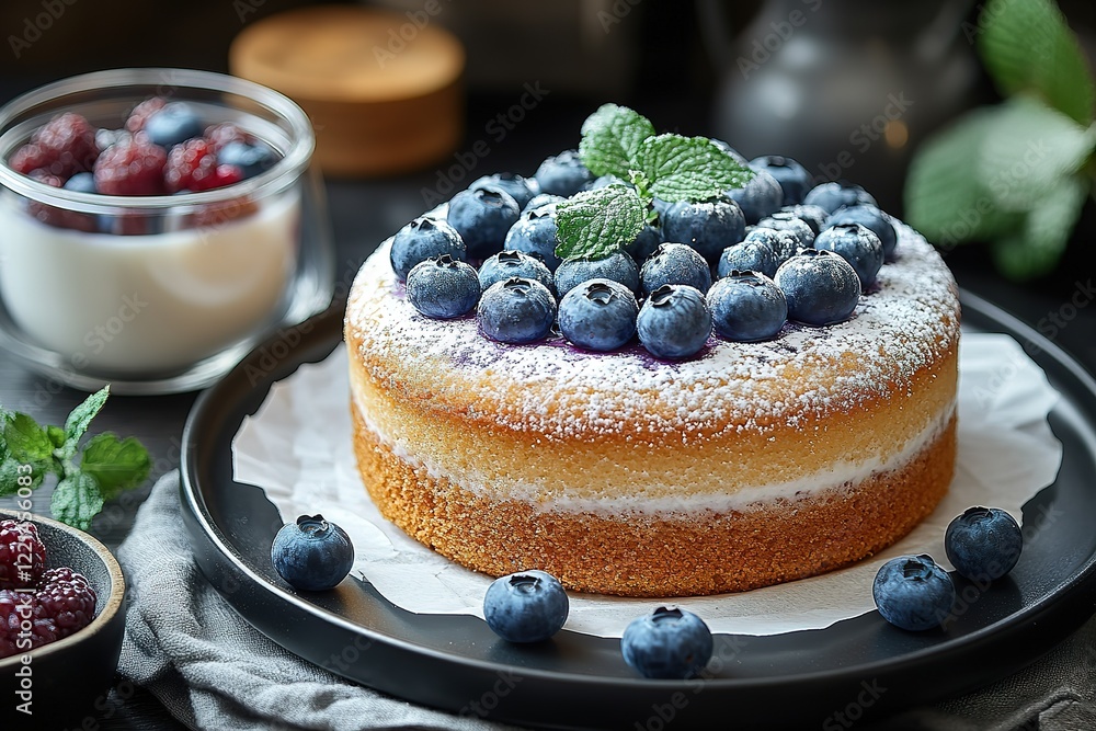 Delicious blueberry cake perfect for a special occasion Topped with fresh berries and a dusting of powdered sugar Delicious blueberry cake perfect for a special occasion Topped with fresh berries and a dusting of powdered sugar