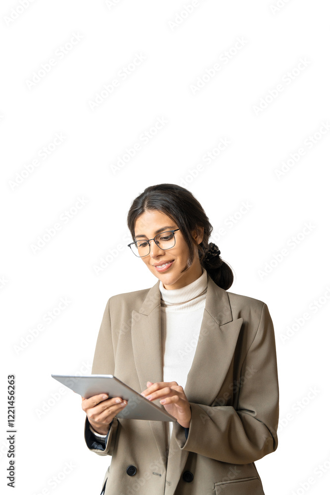 Latin hispanic woman in business suit holding digital pad tab computer. Smiling young middle eastern businesswoman using tablet pc online application for work isolated on white background. Vertical Latin hispanic woman in business suit holding digital pad tab computer. Smiling young middle eastern businesswoman using tablet pc online application for work isolated on white background. Vertical