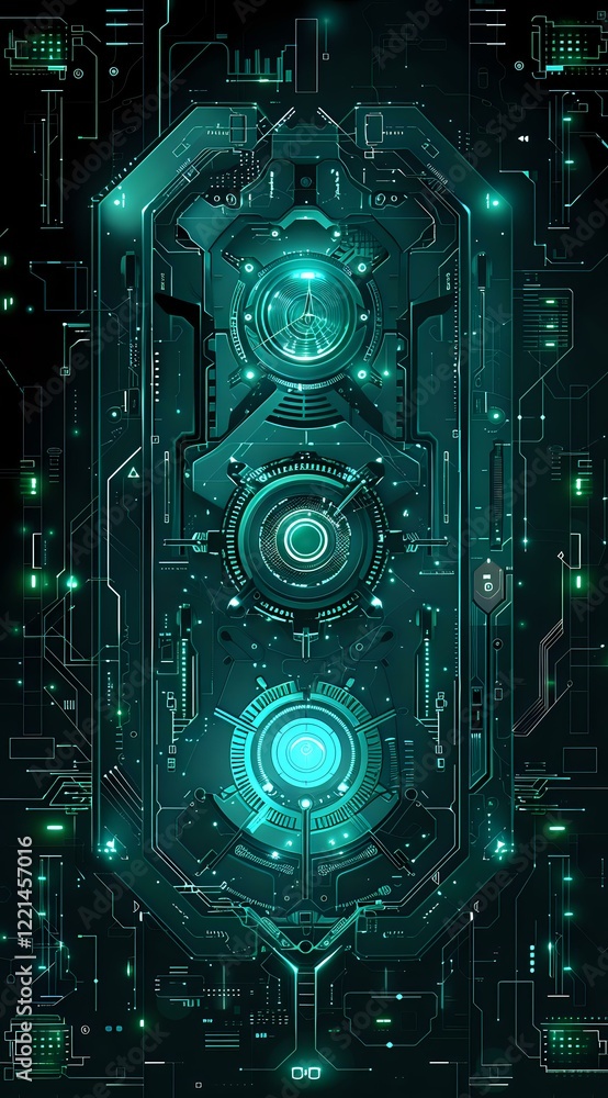 Fototapeta premium Futuristic cyber circuit pattern with glowing turquoise circles and intricate technological details. Perfect for sci-fi designs, gaming interfaces, and modern tech backgrounds