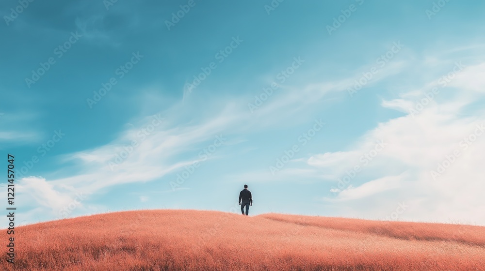 A man is walking on a hill with a blue sky in the background A man is walking on a hill with a blue sky in the background
