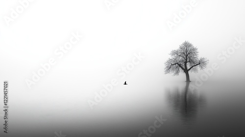 A tree is in the water and a bird is flying above it