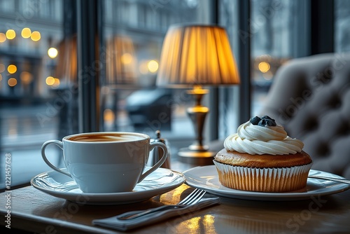 Coffee and cupcake by the window of a cafe enjoying a relaxing moment