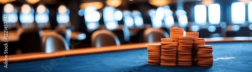 Close-up of stacked poker chips on a casino table. The vibrant colors and blurred background create an exciting ambience of leisure, entertainment, and gaming thrill.