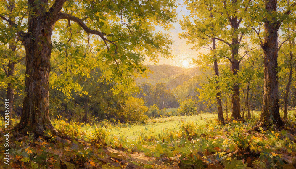 Fototapeta premium Sunset through trees in a serene green landscape