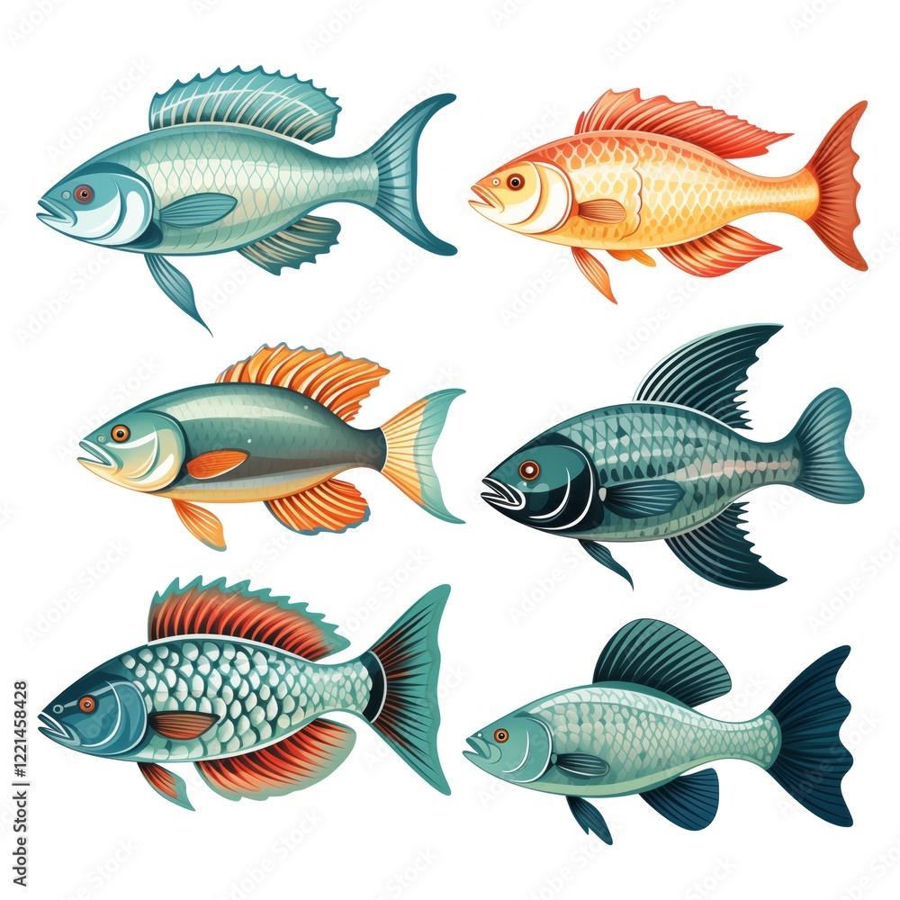 Fototapeta premium Colorful fish illustrations isolated on white for marine life design and decoration