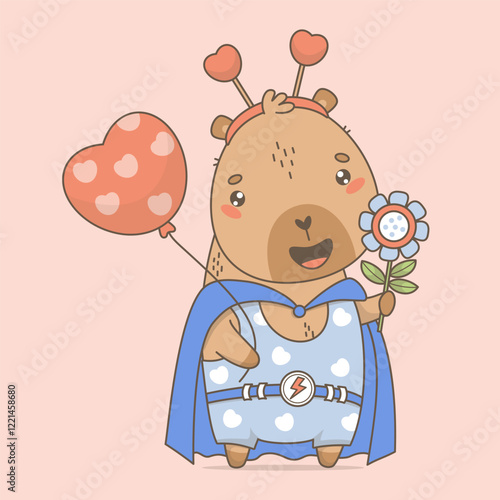 Romantic Superhero Capybara with balloon heart and flower. Cute Funny kawaii character animal. Vector illustration. Cool card valentine