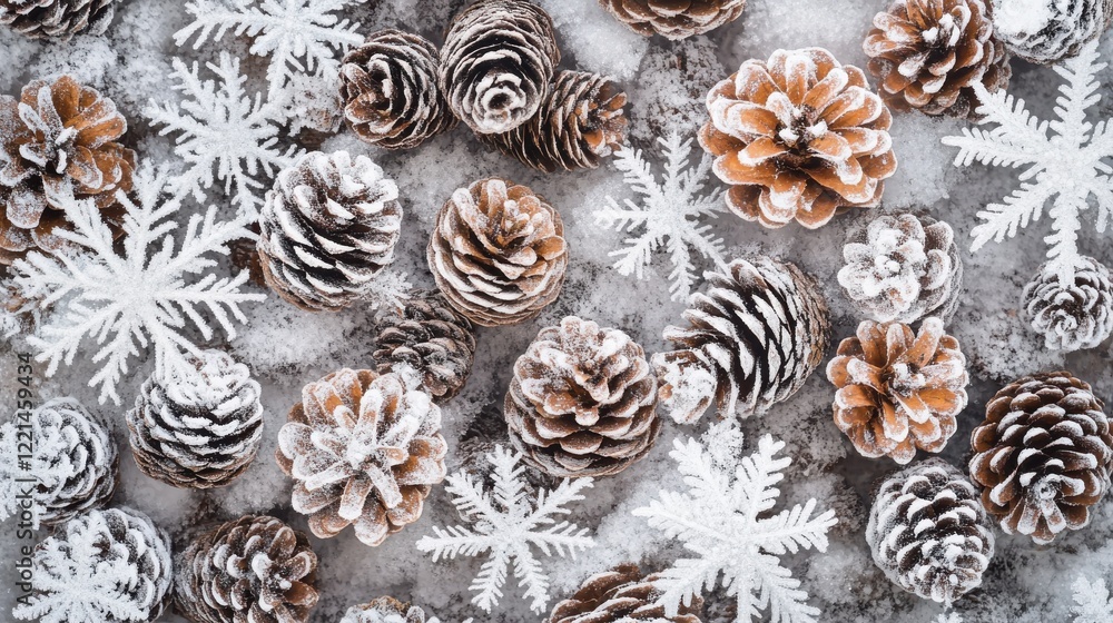 Decorative pine cones and snowflakes in winter arrangement Decorative pine cones and snowflakes in winter arrangement